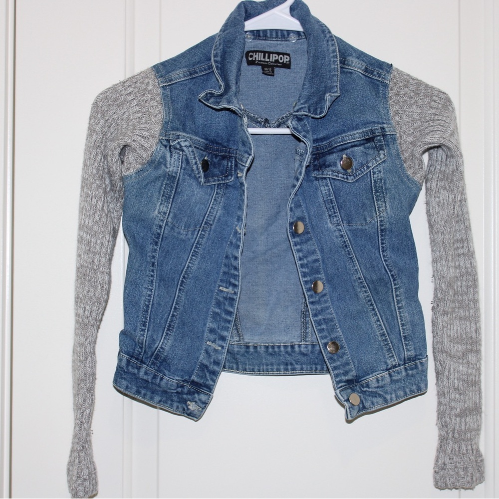 Blue Denim Jacket with Gray Sleeves